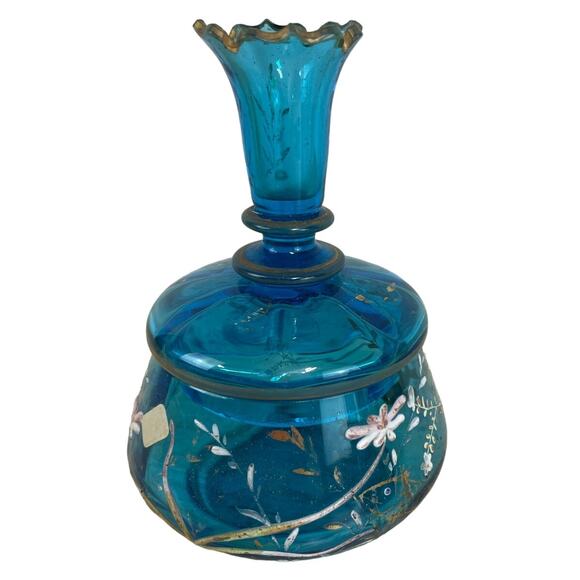 Vtg Signed Moser Art Glass Blue Coral Floral Vanity Jar with Lid Good Condition - Picture 3 of 12